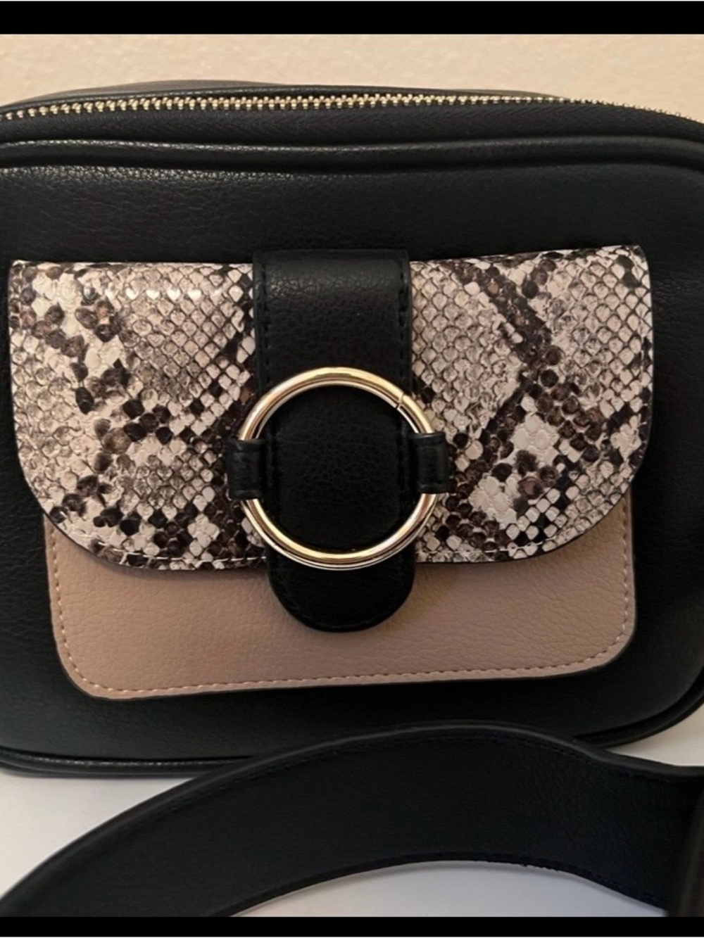 Lulu Black, Beige & Snake-Print Crossbody Bag with Gold Ring - (new never used)